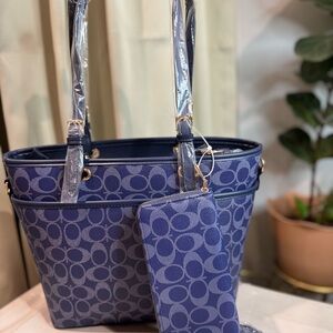 Blue Patterned Tote Bag with Wallet